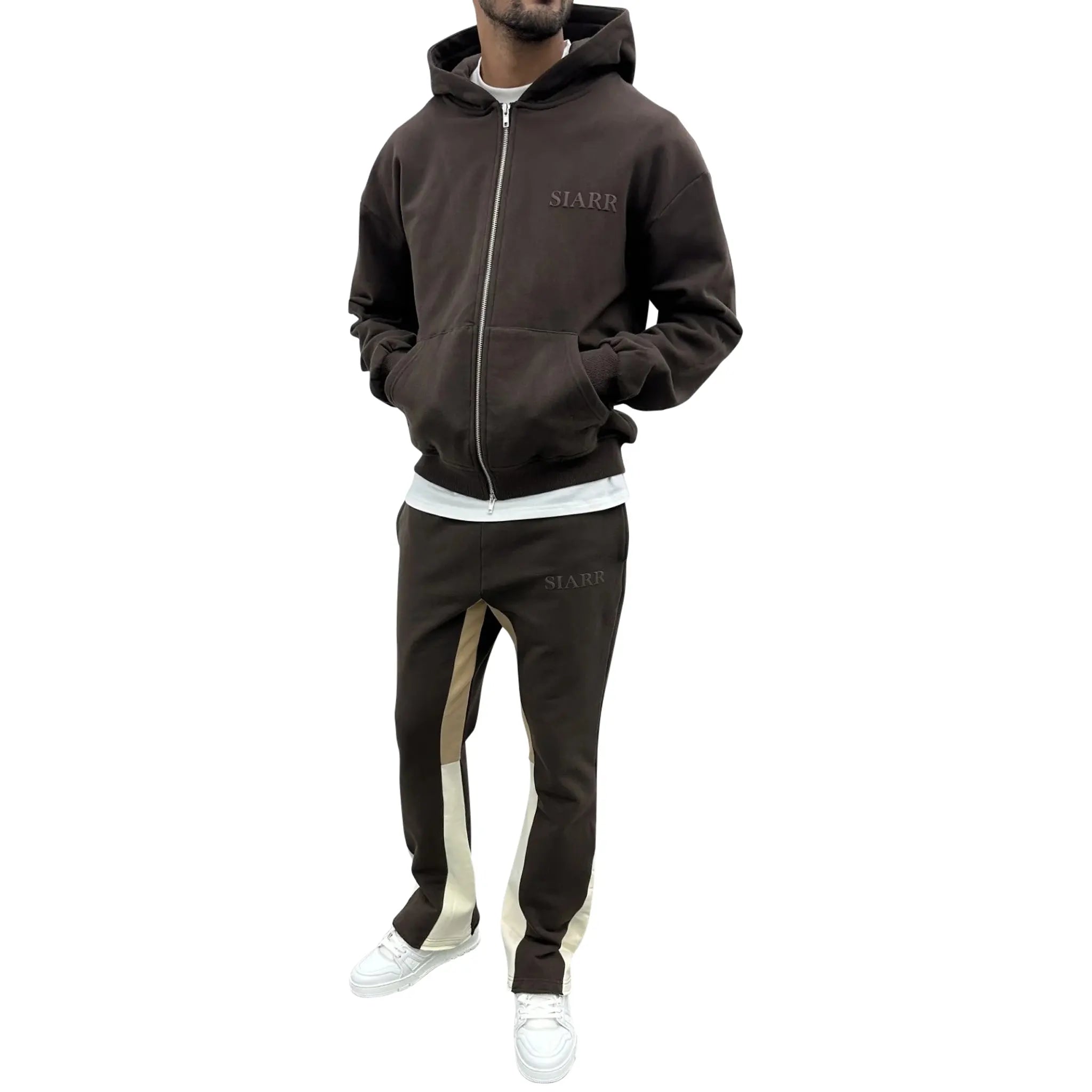 Model side view of SIARR Brown Flared Joggers